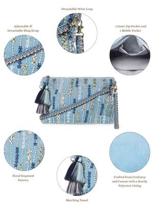 glid powdered blue & pastel multi corduroy floral sequined sling bag 4