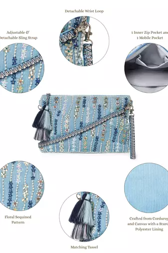glid powdered blue & pastel multi corduroy floral sequined sling bag