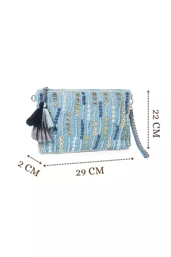 glid powdered blue & pastel multi corduroy floral sequined sling bag