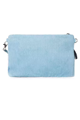 glid powdered blue & pastel multi corduroy floral sequined sling bag