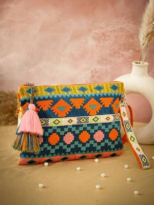 tribal teal blue & multi acrylic jacquard ethnic motifs embroidered sling bag 1