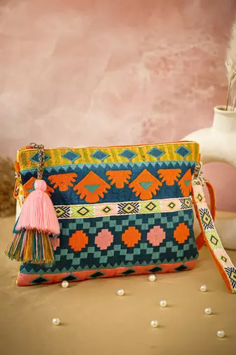 tribal teal blue & multi acrylic jacquard ethnic motifs embroidered sling bag