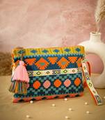 tribal teal blue & multi acrylic jacquard ethnic motifs embroidered sling bag