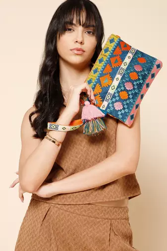 tribal teal blue & multi acrylic jacquard ethnic motifs embroidered sling bag