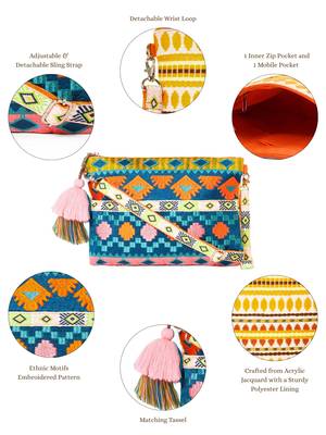 tribal teal blue & multi acrylic jacquard ethnic motifs embroidered sling bag 4