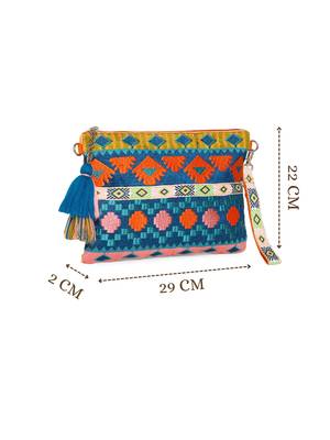 tribal teal blue & multi acrylic jacquard ethnic motifs embroidered sling bag 5