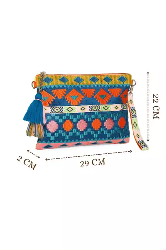 tribal teal blue & multi acrylic jacquard ethnic motifs embroidered sling bag