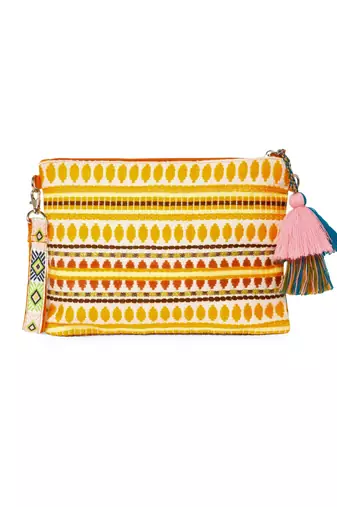 tribal teal blue & multi acrylic jacquard ethnic motifs embroidered sling bag