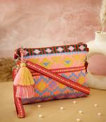 tribal magenta & multi acrylic jacquard ethnic motifs embroidered sling bag