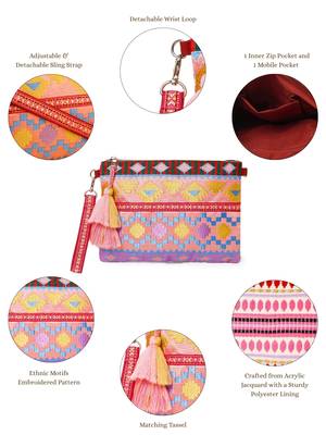 tribal magenta & multi acrylic jacquard ethnic motifs embroidered sling bag 4