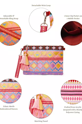 tribal magenta & multi acrylic jacquard ethnic motifs embroidered sling bag