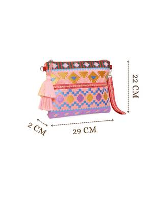 tribal magenta & multi acrylic jacquard ethnic motifs embroidered sling bag 5