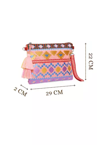 tribal magenta & multi acrylic jacquard ethnic motifs embroidered sling bag