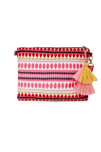tribal magenta & multi acrylic jacquard ethnic motifs embroidered sling bag