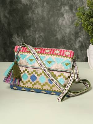 tribal beige gold & multi acrylic jacquard ethnic motifs embroidered sling bag 1