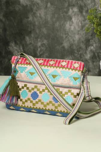 tribal beige gold & multi acrylic jacquard ethnic motifs embroidered sling bag