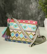 tribal beige gold & multi acrylic jacquard ethnic motifs embroidered sling bag