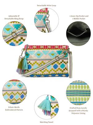 tribal beige gold & multi acrylic jacquard ethnic motifs embroidered sling bag 4