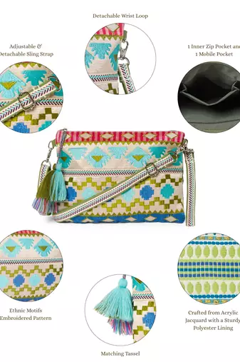 tribal beige gold & multi acrylic jacquard ethnic motifs embroidered sling bag