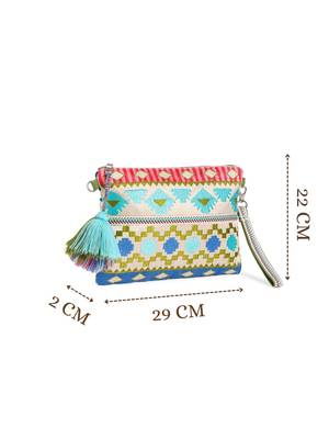 tribal beige gold & multi acrylic jacquard ethnic motifs embroidered sling bag 5