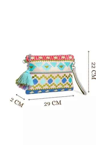 tribal beige gold & multi acrylic jacquard ethnic motifs embroidered sling bag