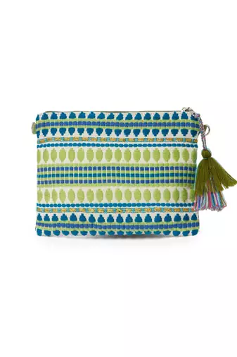 tribal beige gold & multi acrylic jacquard ethnic motifs embroidered sling bag