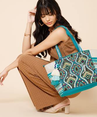 boho teal blue & multi acrylic jacquard trellis embellished tote bag 1