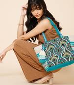 boho teal blue & multi acrylic jacquard trellis embellished tote bag