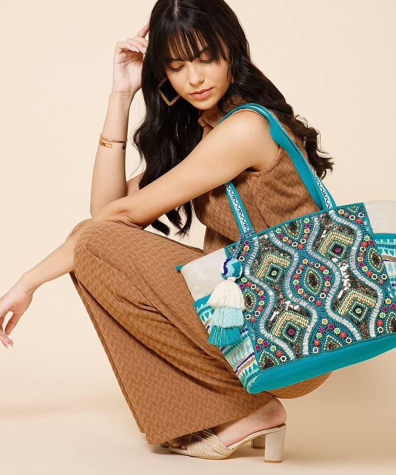 boho teal blue & multi acrylic jacquard trellis embellished tote bag