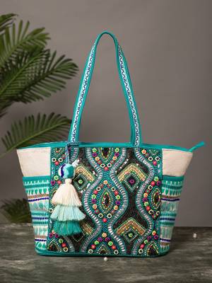 boho teal blue & multi acrylic jacquard trellis embellished tote bag 3
