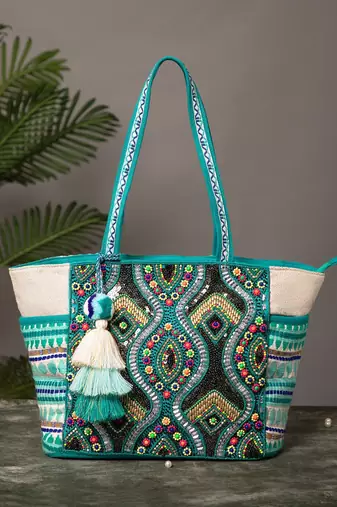 boho teal blue & multi acrylic jacquard trellis embellished tote bag