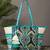 boho teal blue & multi acrylic jacquard trellis embellished tote bag