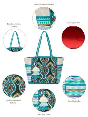 boho teal blue & multi acrylic jacquard trellis embellished tote bag 4