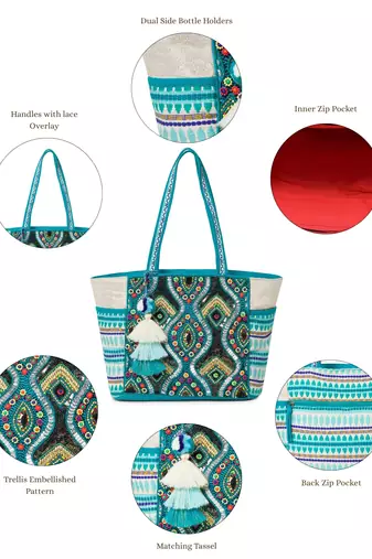 boho teal blue & multi acrylic jacquard trellis embellished tote bag