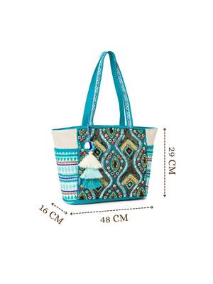 boho teal blue & multi acrylic jacquard trellis embellished tote bag 5