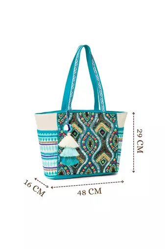 boho teal blue & multi acrylic jacquard trellis embellished tote bag