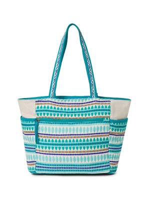 boho teal blue & multi acrylic jacquard trellis embellished tote bag 6