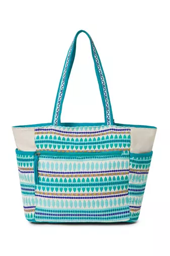boho teal blue & multi acrylic jacquard trellis embellished tote bag