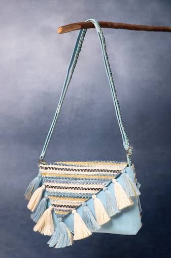geomat pastel blue & ivory cotton striped jacquard sling bag