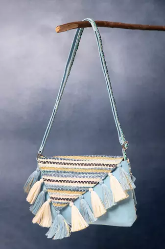 geomat pastel blue & ivory cotton striped jacquard sling bag
