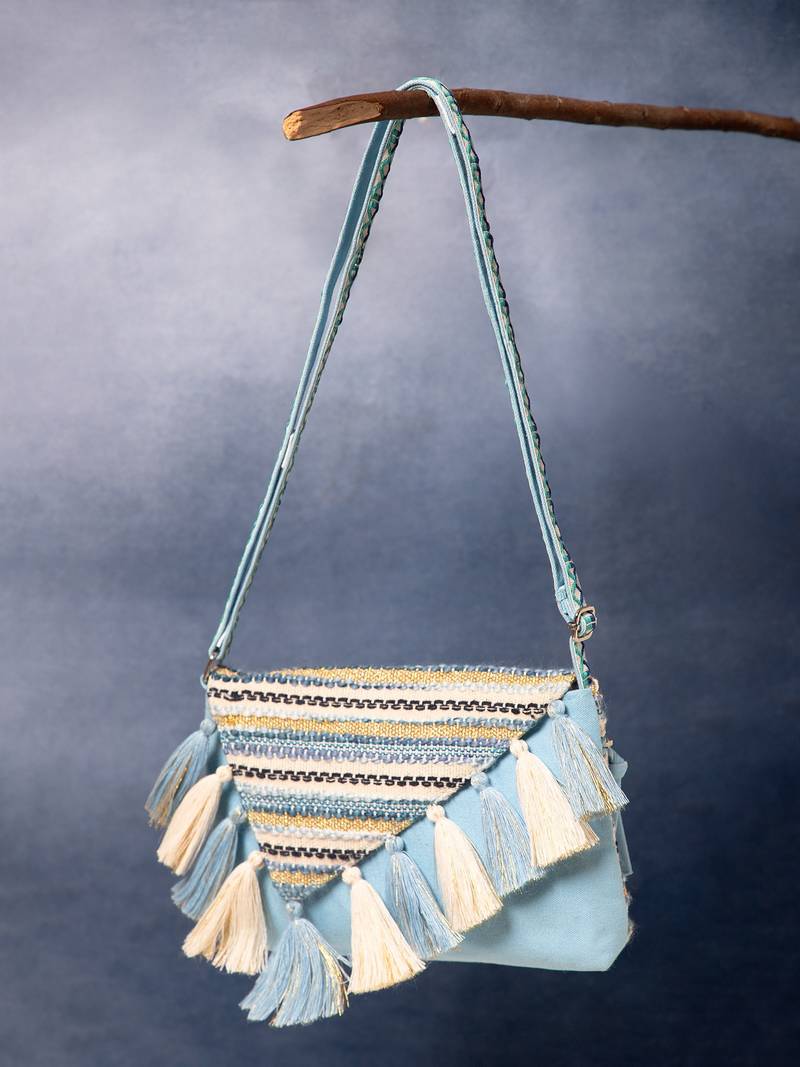 geomat pastel blue & ivory cotton striped jacquard sling bag