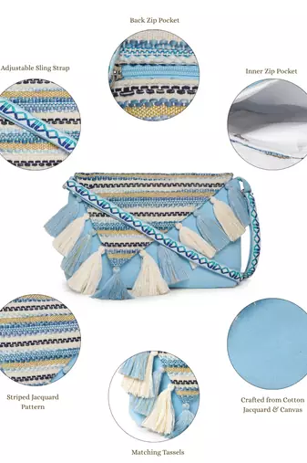 geomat pastel blue & ivory cotton striped jacquard sling bag