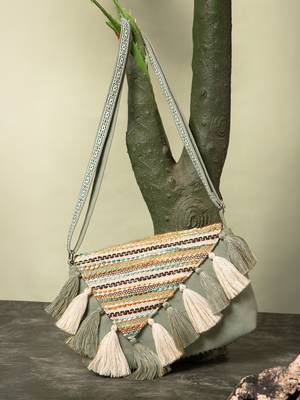 geomat dusty olive green & ivory cotton striped jacquard sling bag 1