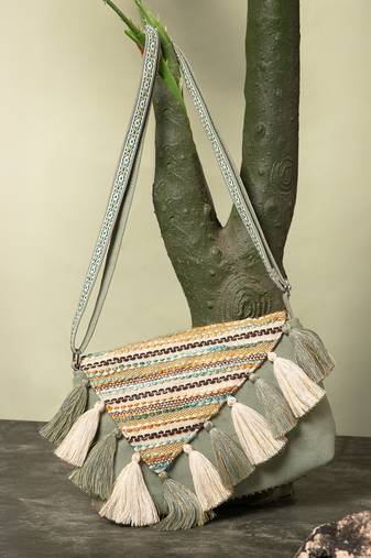 geomat dusty olive green & ivory cotton striped jacquard sling bag