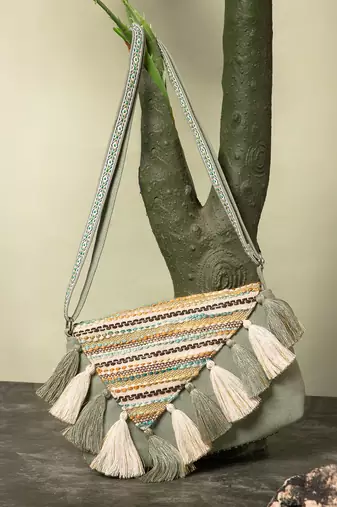 geomat dusty olive green & ivory cotton striped jacquard sling bag