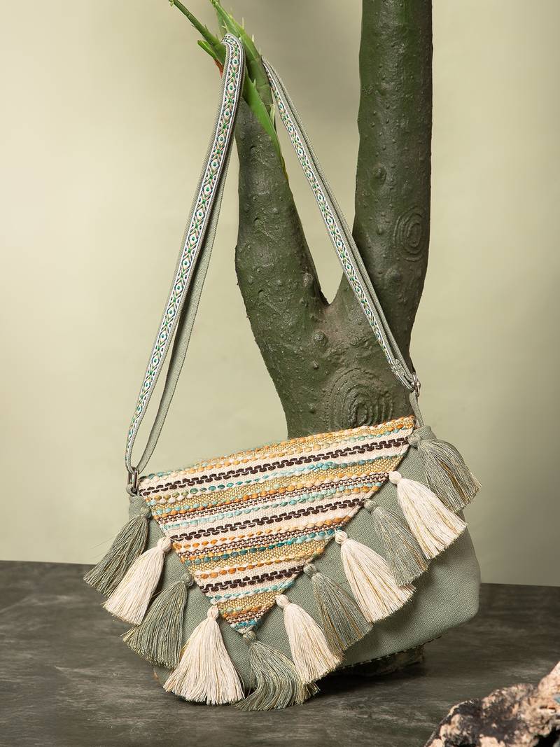 geomat dusty olive green & ivory cotton striped jacquard sling bag