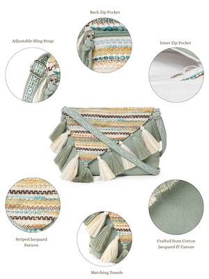geomat dusty olive green & ivory cotton striped jacquard sling bag 4