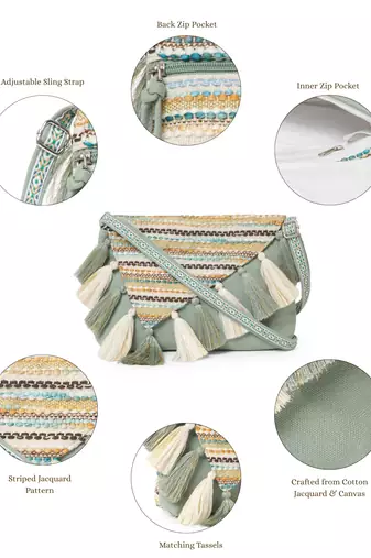 geomat dusty olive green & ivory cotton striped jacquard sling bag
