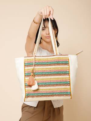 folklore edit ivory & multi cotton striped sequined tote bag 1