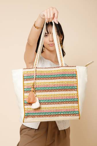 folklore edit ivory & multi cotton striped sequined tote bag